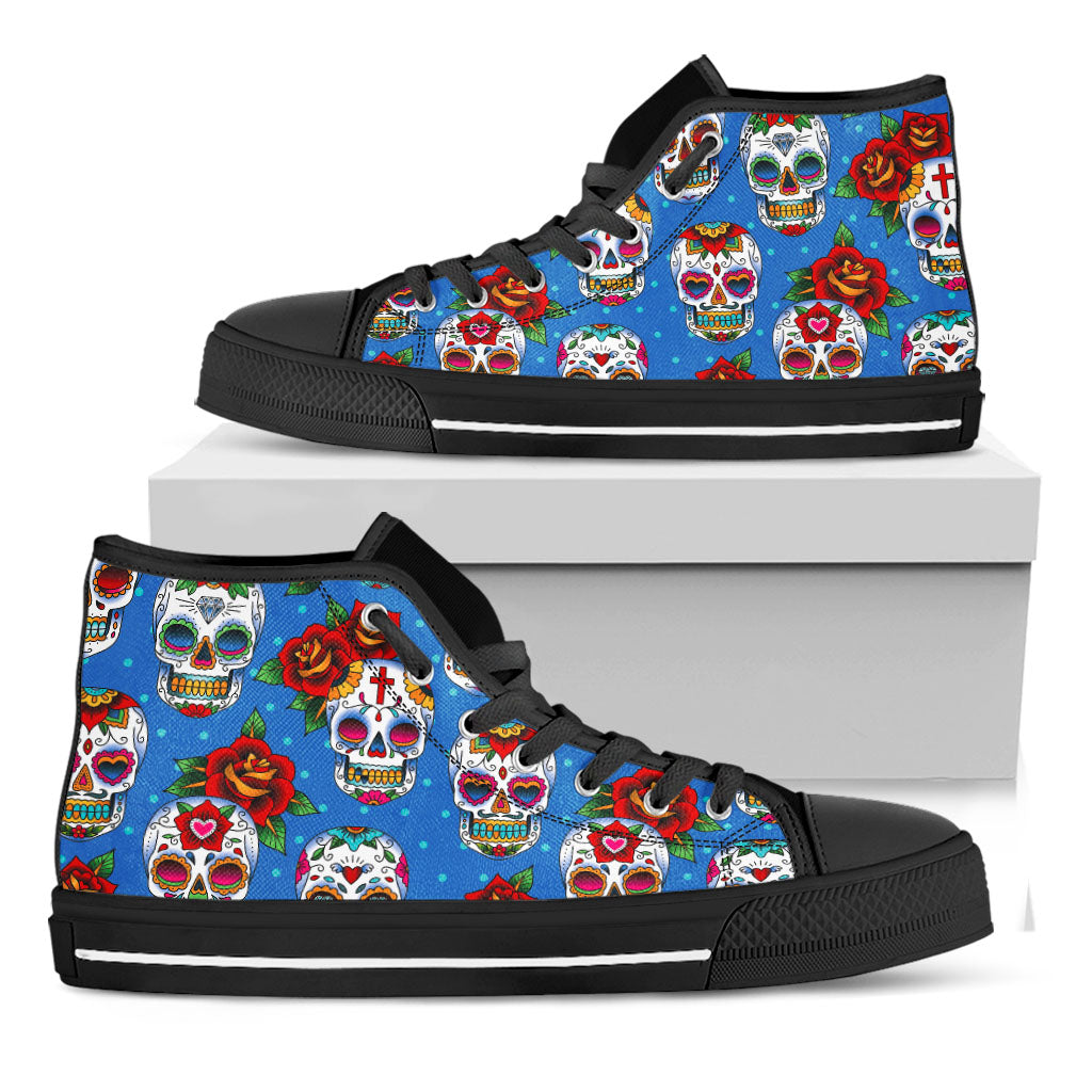 Rose Sugar Skull Pattern Print Black High Top Sneakers