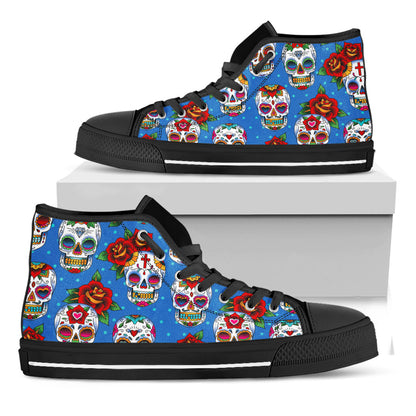 Rose Sugar Skull Pattern Print Black High Top Sneakers