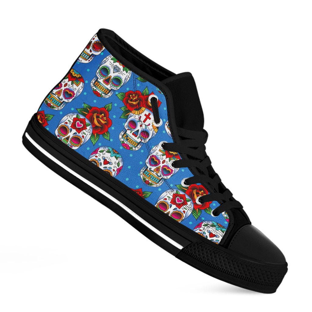 Rose Sugar Skull Pattern Print Black High Top Sneakers