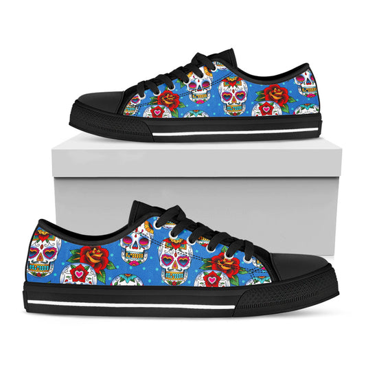 Rose Sugar Skull Pattern Print Black Low Top Sneakers