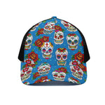 Rose Sugar Skull Pattern Print Black Mesh Trucker Cap