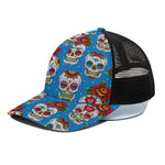 Rose Sugar Skull Pattern Print Black Mesh Trucker Cap