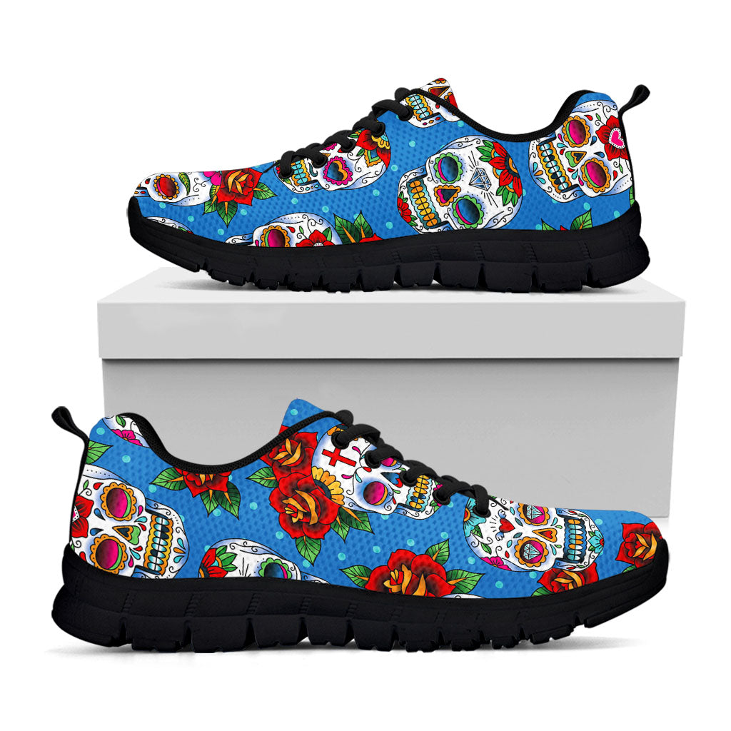 Rose Sugar Skull Pattern Print Black Running Shoes