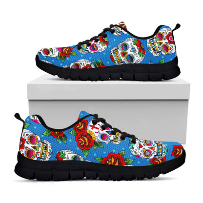 Rose Sugar Skull Pattern Print Black Running Shoes