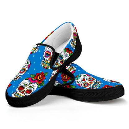 Rose Sugar Skull Pattern Print Black Slip On Sneakers