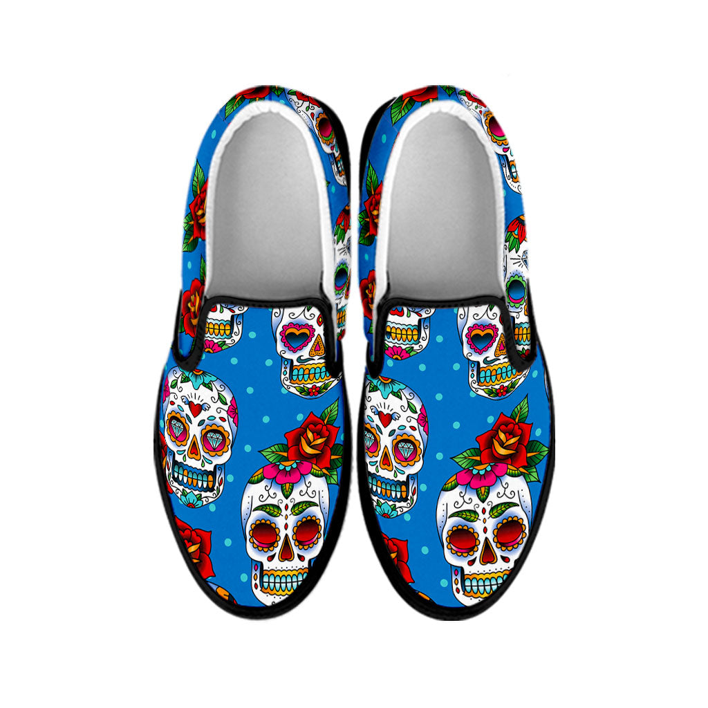 Rose Sugar Skull Pattern Print Black Slip On Sneakers
