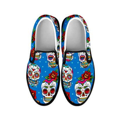 Rose Sugar Skull Pattern Print Black Slip On Sneakers