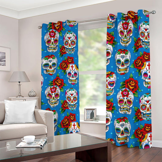 Rose Sugar Skull Pattern Print Blackout Grommet Curtains