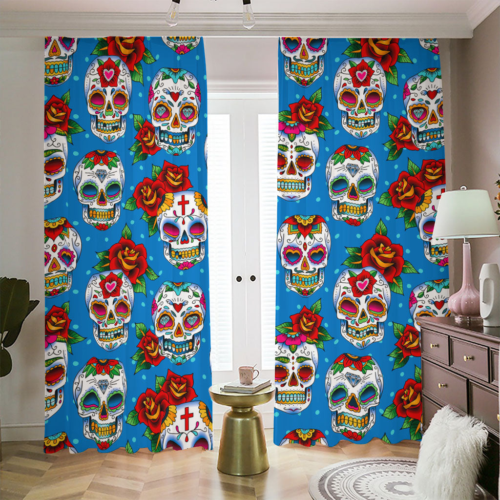 Rose Sugar Skull Pattern Print Blackout Pencil Pleat Curtains