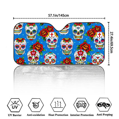 Rose Sugar Skull Pattern Print Car Windshield Sun Shade