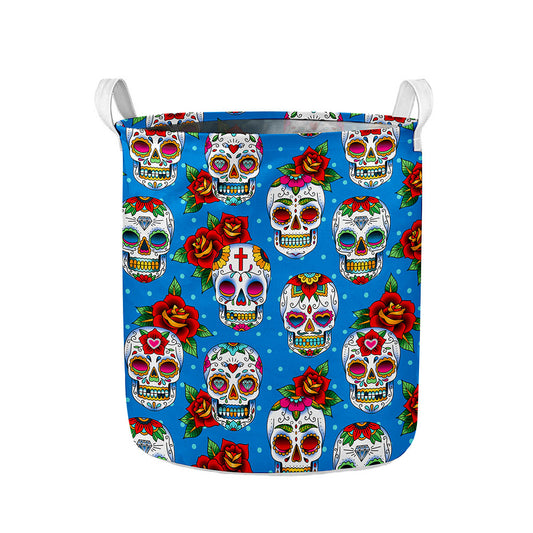 Rose Sugar Skull Pattern Print Collapsible Laundry Basket