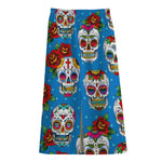 Rose Sugar Skull Pattern Print Cotton Front Slit Maxi Skirt