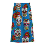 Rose Sugar Skull Pattern Print Cotton Front Slit Maxi Skirt