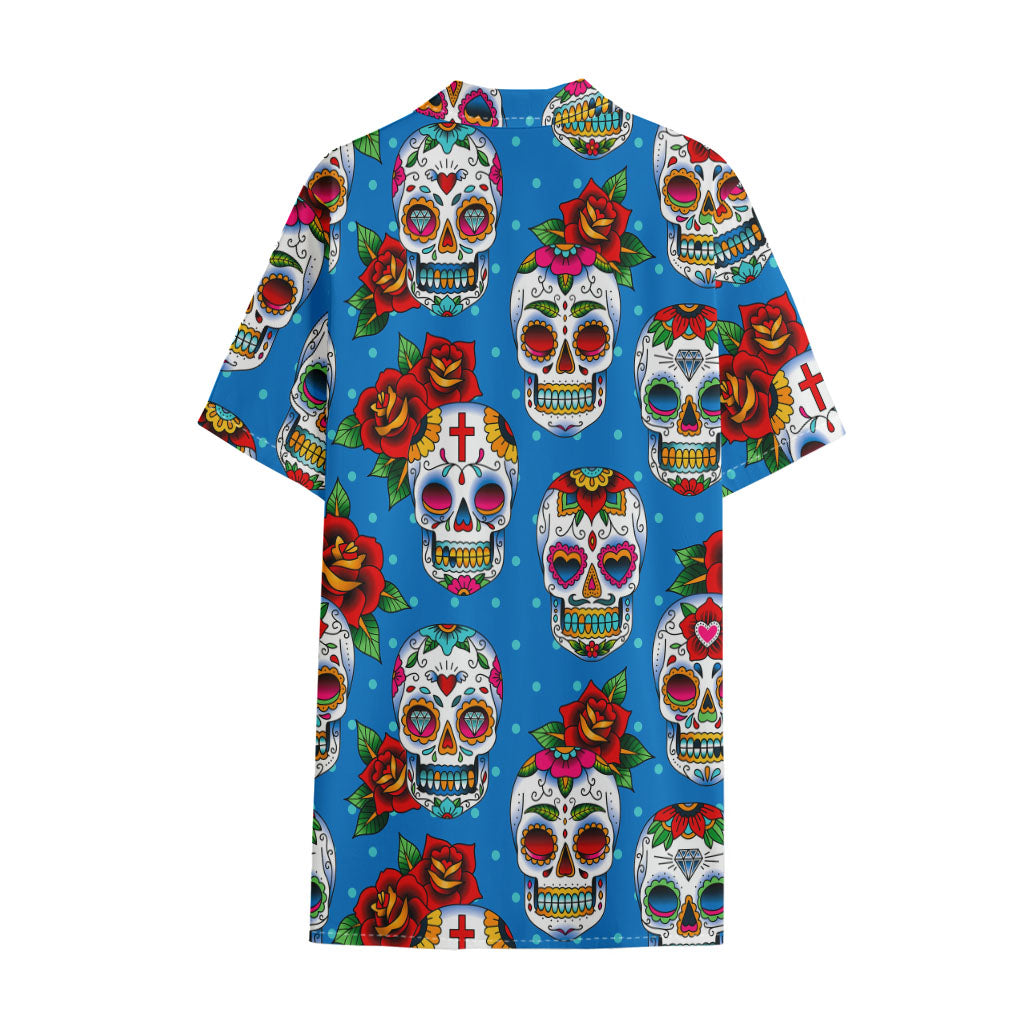 Rose Sugar Skull Pattern Print Cotton Hawaiian Shirt