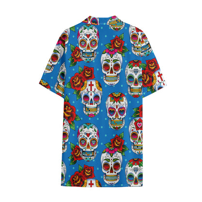 Rose Sugar Skull Pattern Print Cotton Hawaiian Shirt