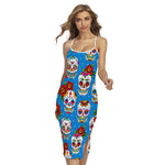 Rose Sugar Skull Pattern Print Cross Back Cami Dress