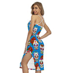 Rose Sugar Skull Pattern Print Cross Back Cami Dress