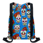 Rose Sugar Skull Pattern Print Drawstring Backpack