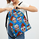 Rose Sugar Skull Pattern Print Drawstring Backpack