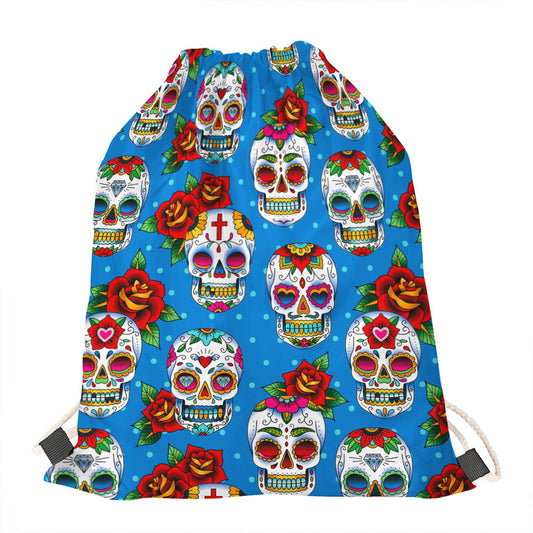 Rose Sugar Skull Pattern Print Drawstring Bag