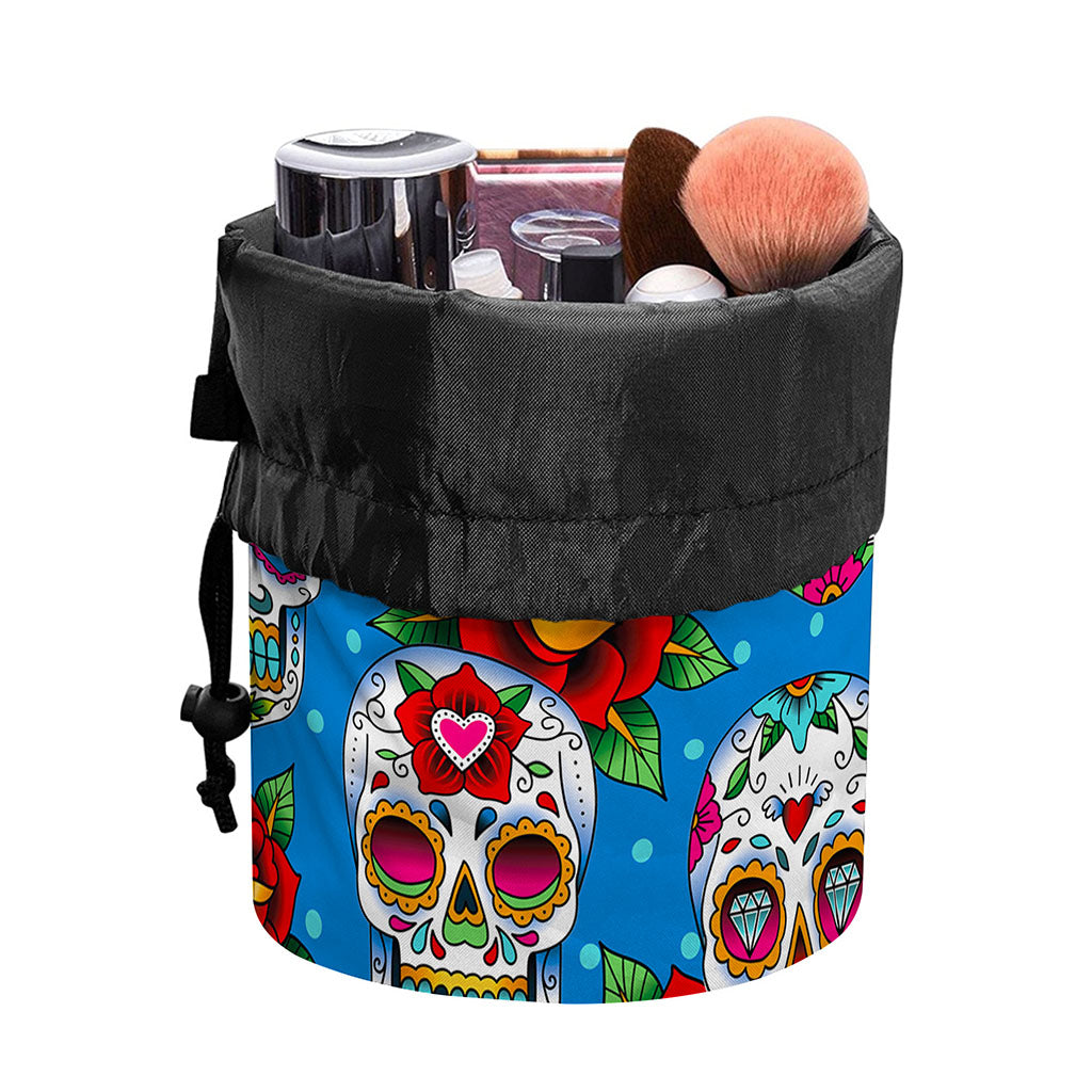 Rose Sugar Skull Pattern Print Drawstring Makeup Bag