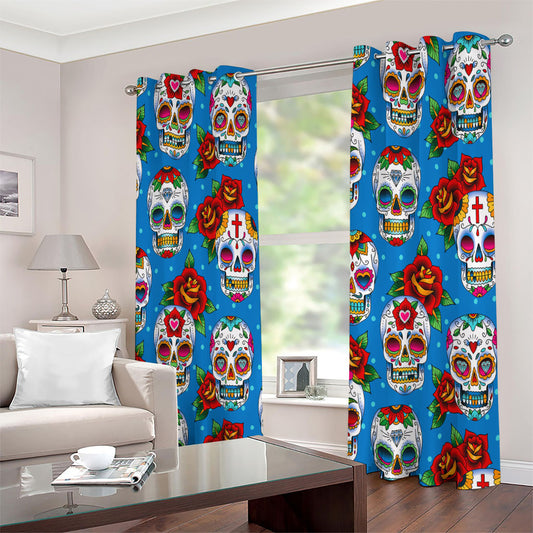 Rose Sugar Skull Pattern Print Extra Wide Grommet Curtains