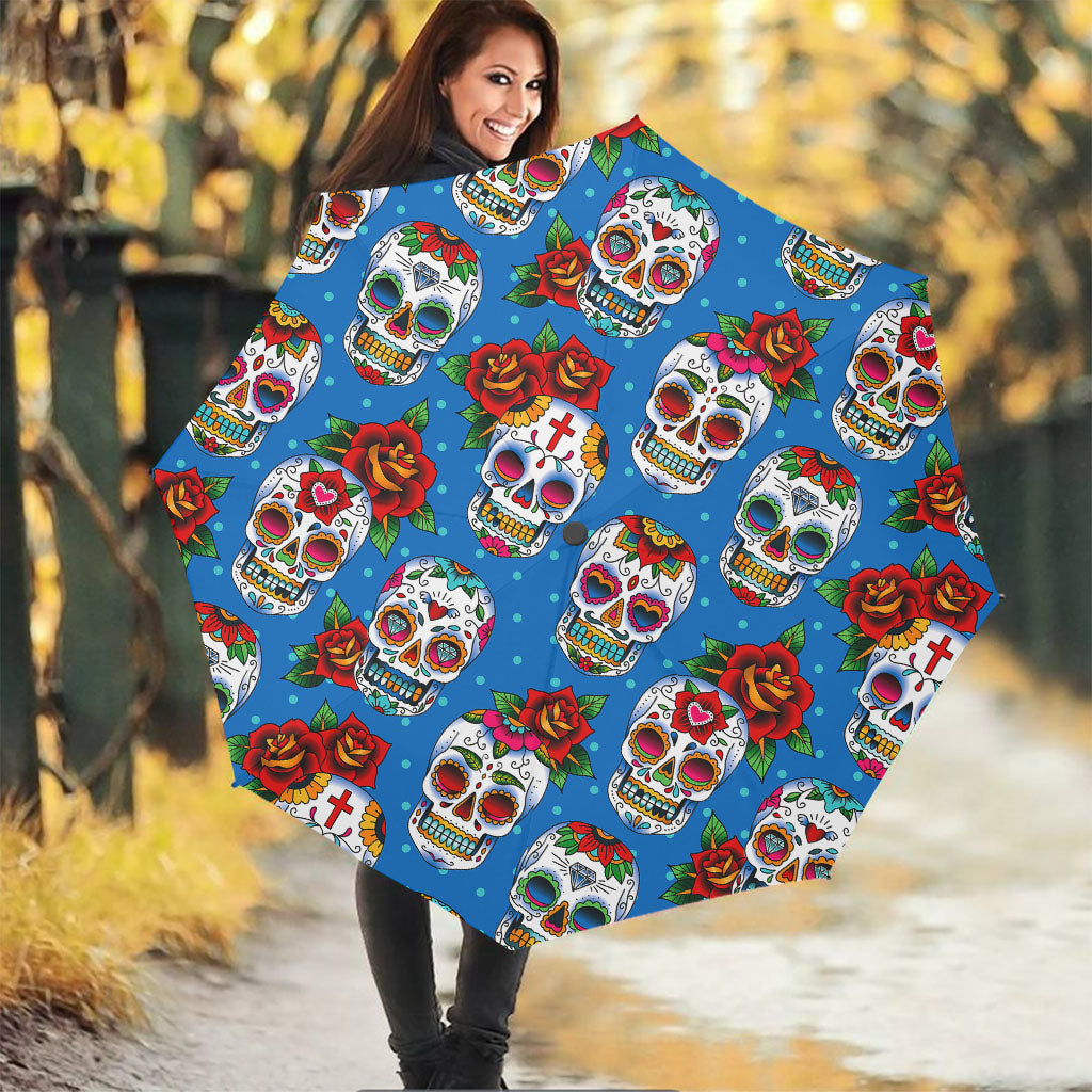 Rose Sugar Skull Pattern Print Foldable Umbrella