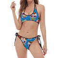 Rose Sugar Skull Pattern Print Halter Scoop Tie Side Bikini