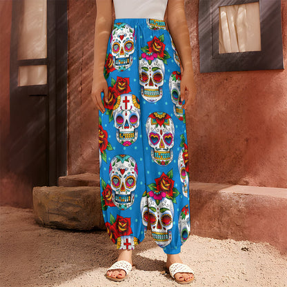 Rose Sugar Skull Pattern Print Harem Pants