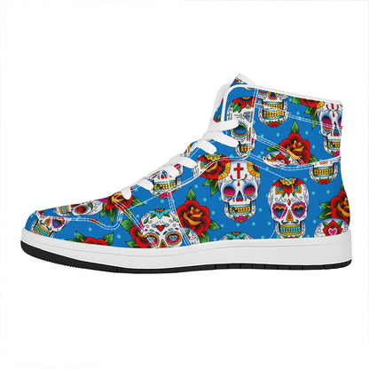 Rose Sugar Skull Pattern Print High Top Leather Sneakers