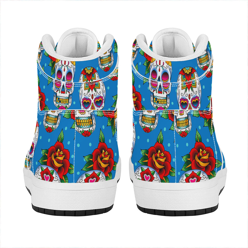 Rose Sugar Skull Pattern Print High Top Leather Sneakers