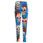 Rose Sugar Skull Pattern Print High-Waisted Pocket Leggings