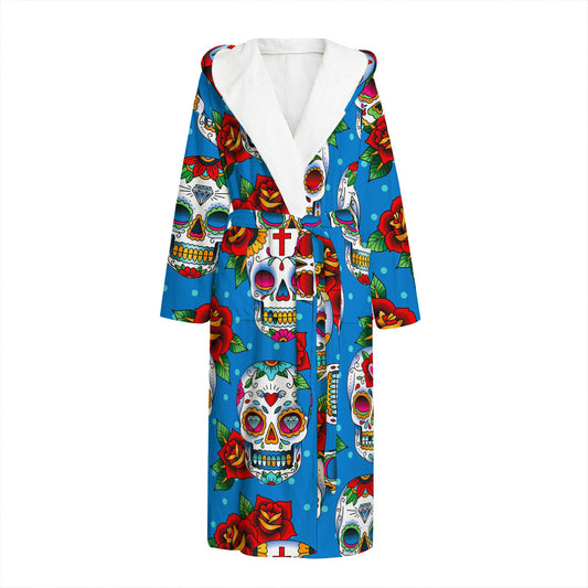 Rose Sugar Skull Pattern Print Hooded Bathrobe