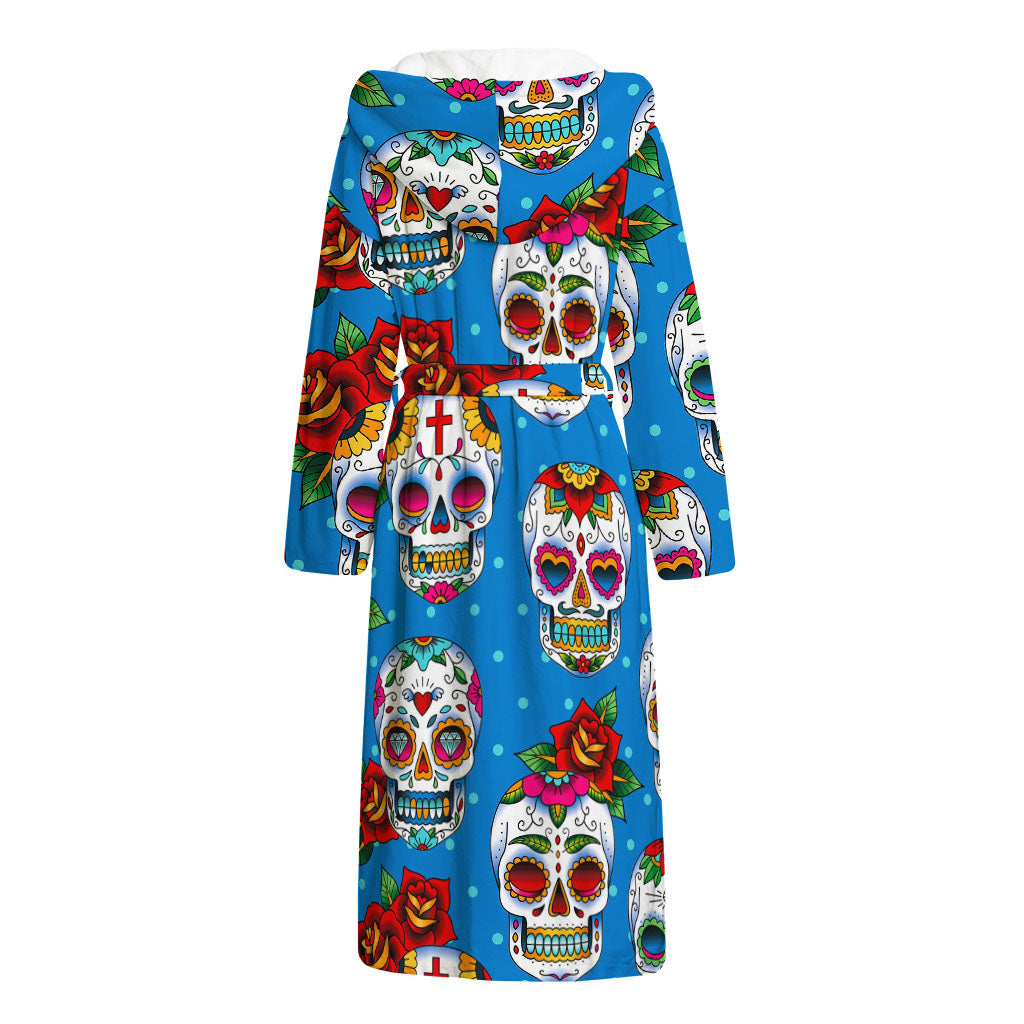 Rose Sugar Skull Pattern Print Hooded Bathrobe