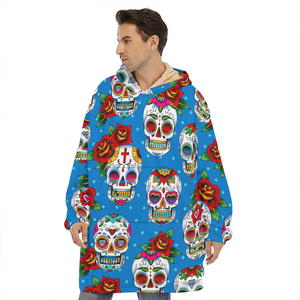 Rose Sugar Skull Pattern Print Hoodie Blanket