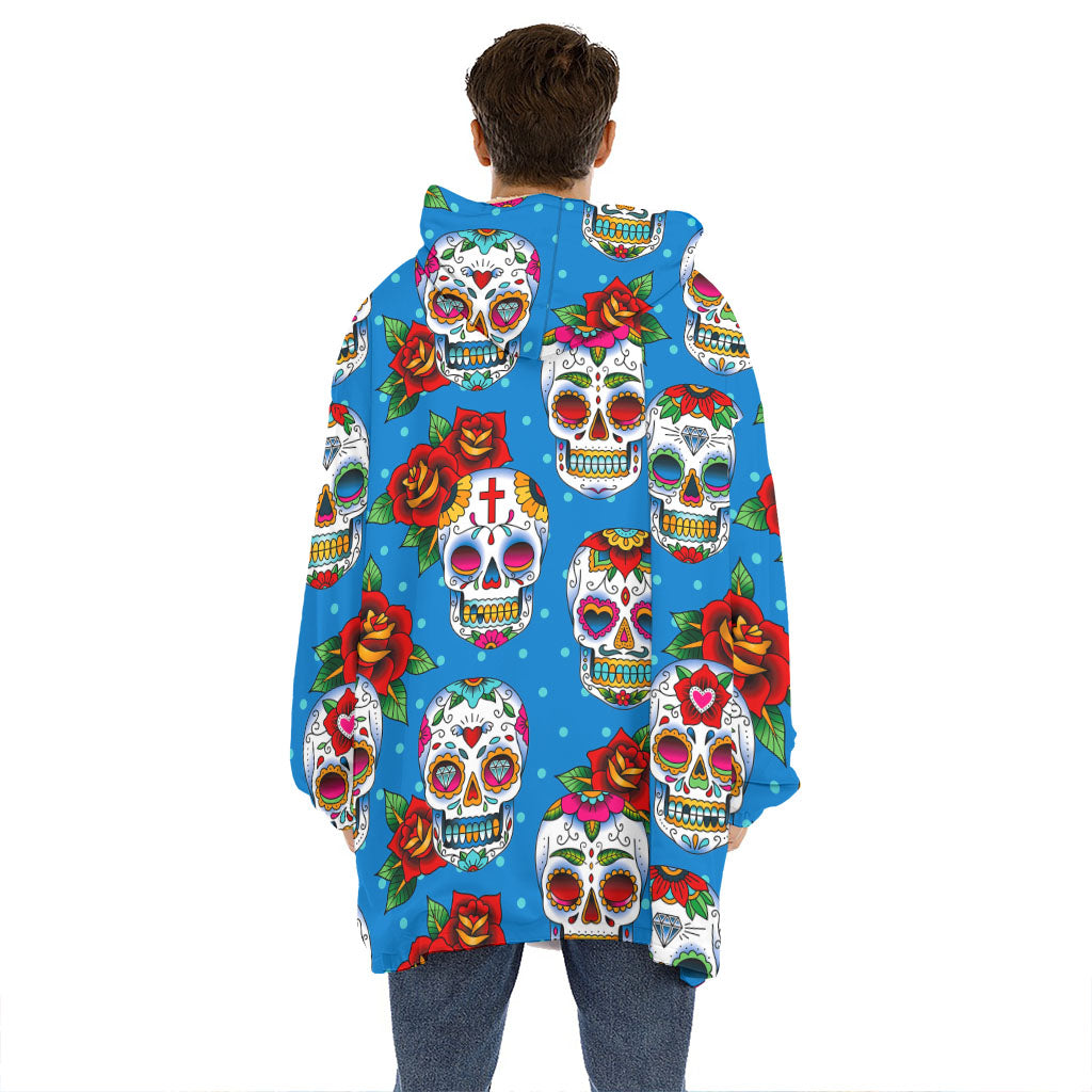 Rose Sugar Skull Pattern Print Hoodie Blanket