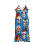 Rose Sugar Skull Pattern Print Jersey Midi Cami Dress