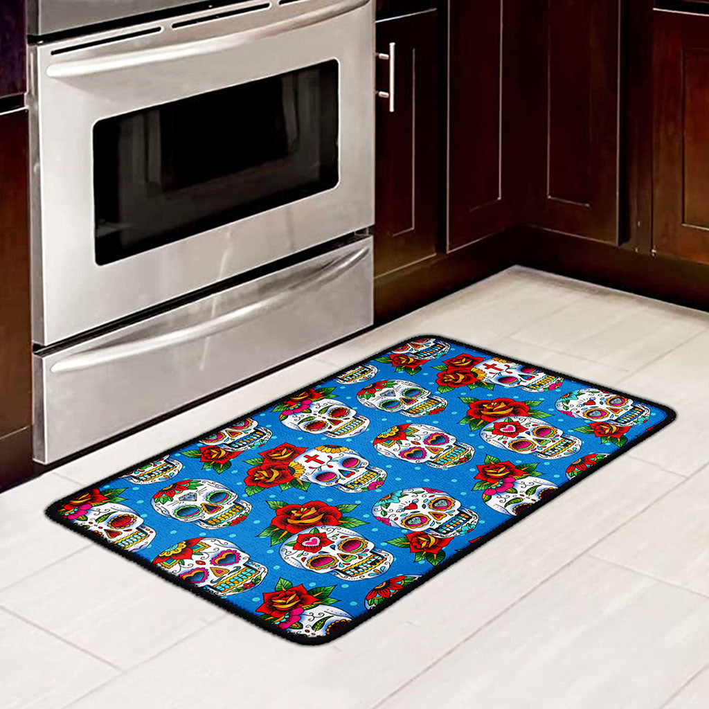 Rose Sugar Skull Pattern Print Kitchen Mat