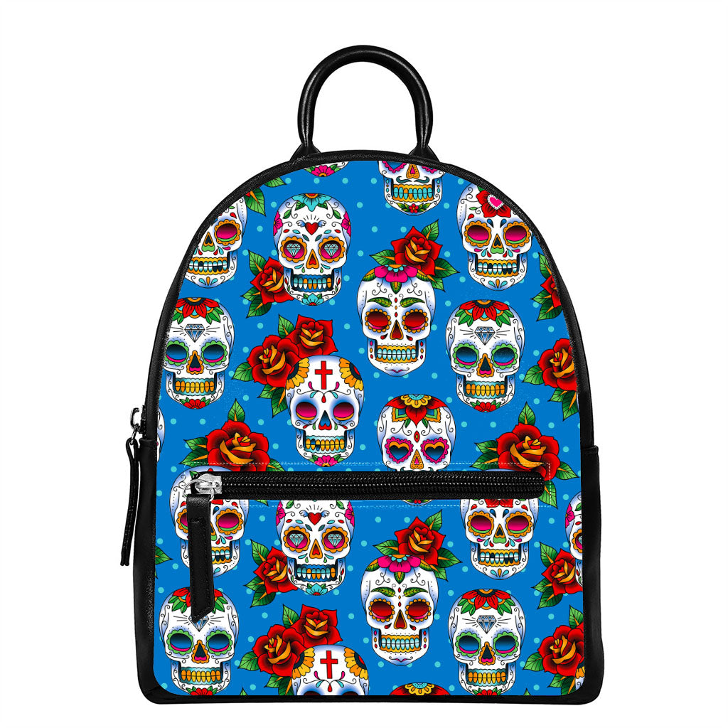 Rose Sugar Skull Pattern Print Leather Backpack