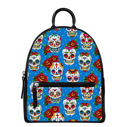 Rose Sugar Skull Pattern Print Leather Backpack