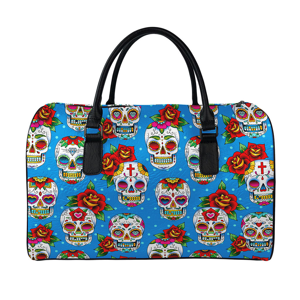Rose Sugar Skull Pattern Print Leather Duffle Bag