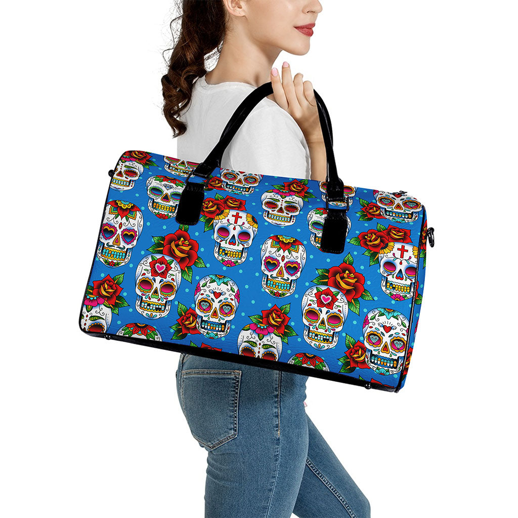 Rose Sugar Skull Pattern Print Leather Duffle Bag