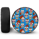 Rose Sugar Skull Pattern Print Leather Spare Tire Cover