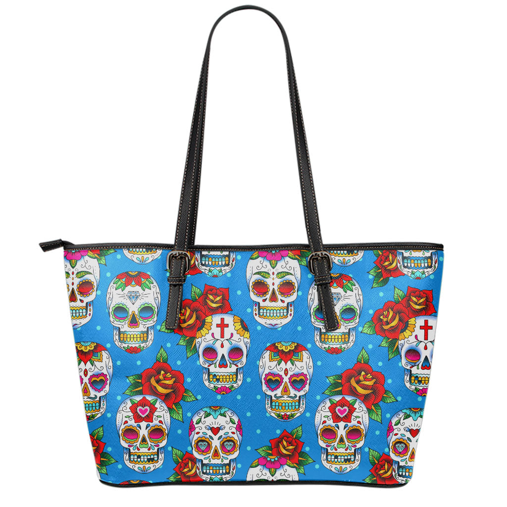 Rose Sugar Skull Pattern Print Leather Tote Bag