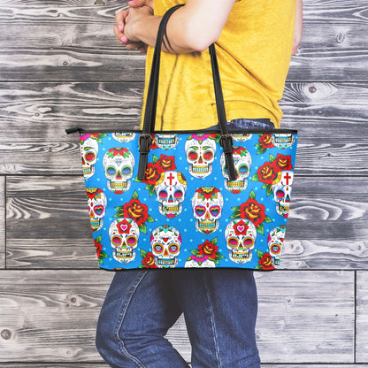 Rose Sugar Skull Pattern Print Leather Tote Bag