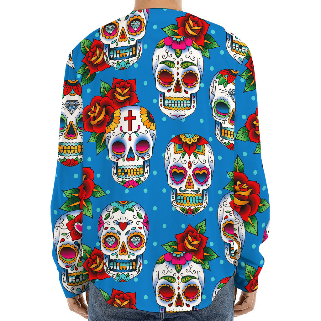 Rose Sugar Skull Pattern Print Long Sleeve Baseball Jersey