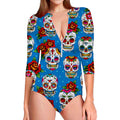 Rose Sugar Skull Pattern Print Long Sleeve Swimsuit