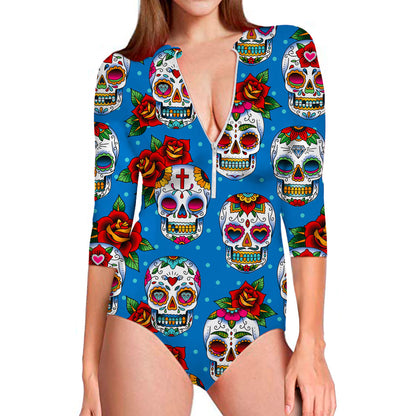 Rose Sugar Skull Pattern Print Long Sleeve Swimsuit