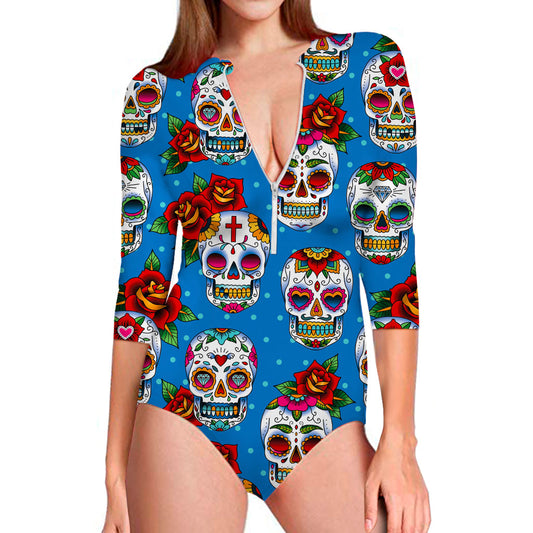 Rose Sugar Skull Pattern Print Long Sleeve Swimsuit