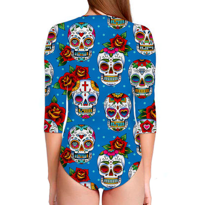 Rose Sugar Skull Pattern Print Long Sleeve Swimsuit